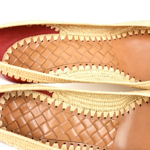 BOTTEGA VENETA: Red, Leather & Raffia Kitten Heels/Pumps - Picture 7 of 10